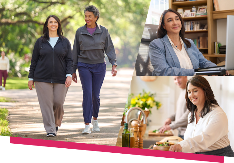 Woman living life: walking with companion, working at a desk and cooking